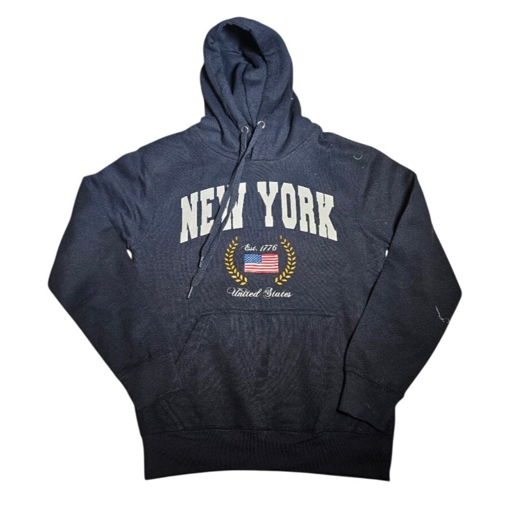 New York Popular Navy Blue Hoodie Sweatshirt Mens Small NY Flag Graphic NWT